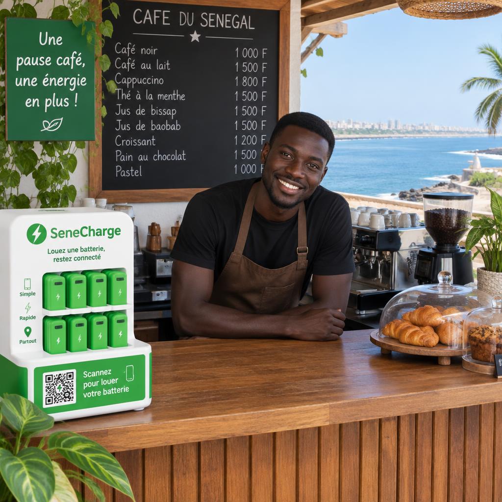 Station SeneCharge sur le comptoir d'un café à Dakar